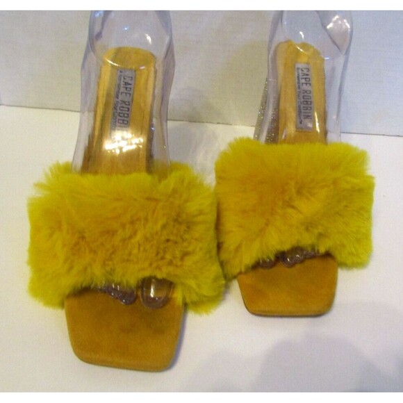 Cape Robbin Heels Yellow Plush Fluffy Rhinestone Heels Sherpa Mules Womens Sz 8 - Picture 5 of 10